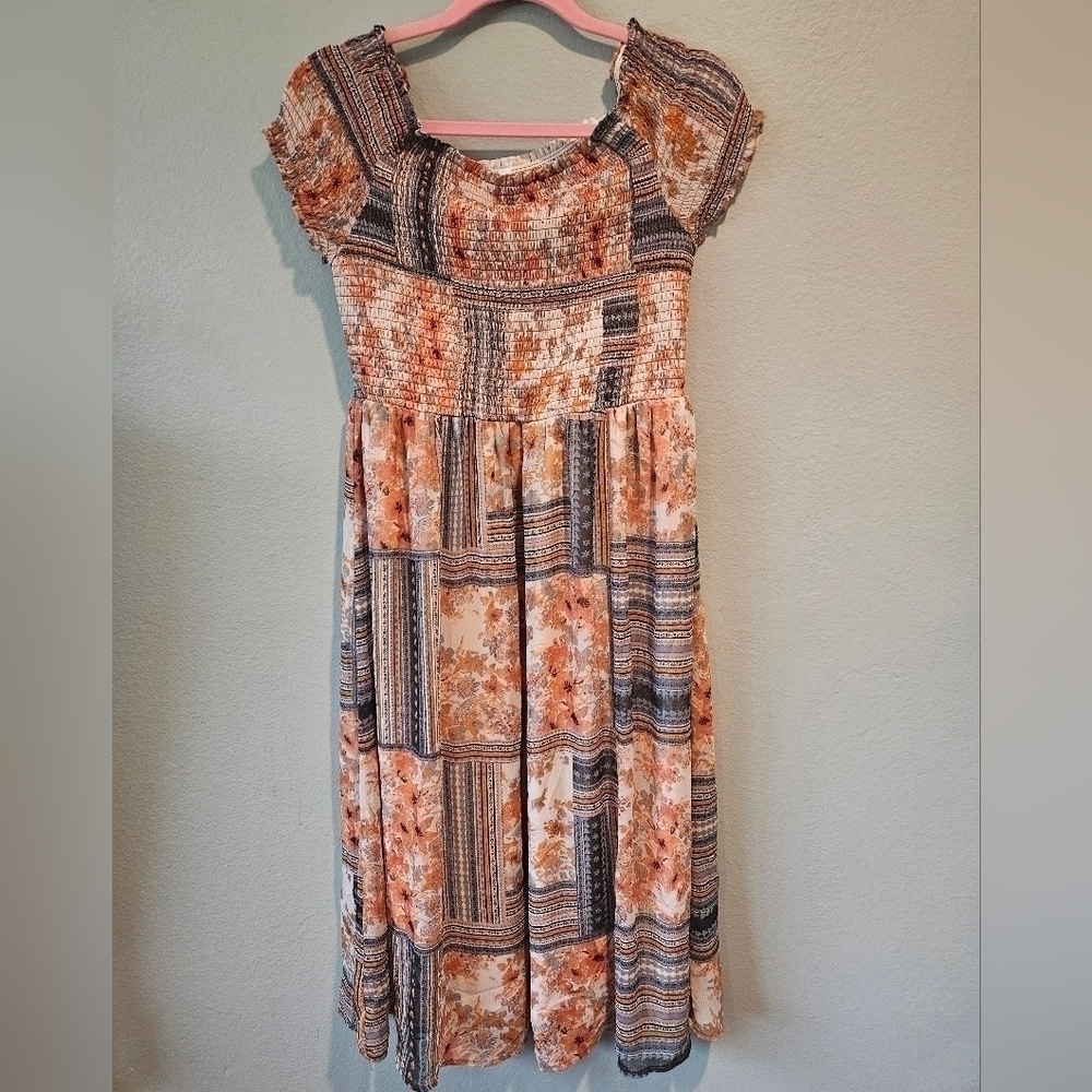 Xhilaration Women Size L Chiffon Smocked Top Midi Dress Floral Patchwork Lined